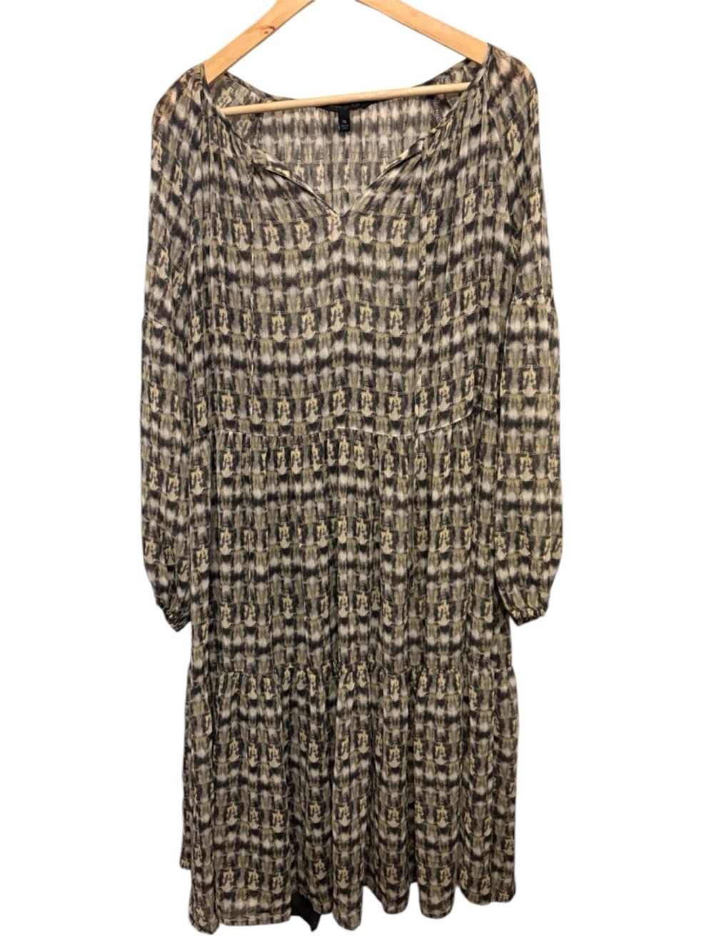 Banana Republic Olive Multi Long Sleeve Tiered Midi Dress